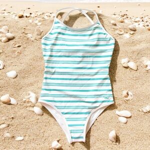 Vineyard Vines Binding Aqua Stripe One Piece Swimsuit | GIRLS SMALL 7-8 NWT